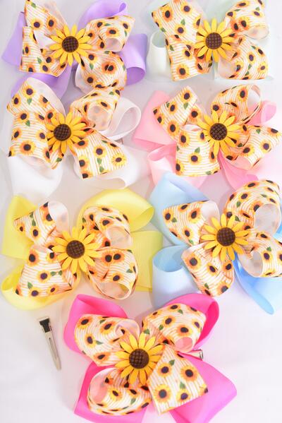 Hair Bow Jumbo Double Layered Happy Sunflower Charm Grosgrain Bow-tie Pastel / 12 pcs Bow = Dozen Alligator Clip , Size - 6"x 5" Wide , 2 White , 2 Baby Pink , 2 Hot Pink , 2 Lavender , 2 Mint , 1 Yellow ,1 Blue Color Asst , Clip Strip & UPC Code