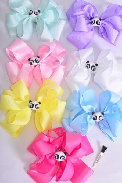 Hair Bow Jumbo Double Layered Cute Panda Bear Grosgrain Bow-tie / 12 pcs Bow = Dozen Alligator Clip , Size-6"x 6" Wide , 2 White, 2 Pink, 1 Blue, 1 Yellow, 2 Lavender, 2 Hot Pink, 2 Mint Green Color Asst , Clip Strip & UPC Code