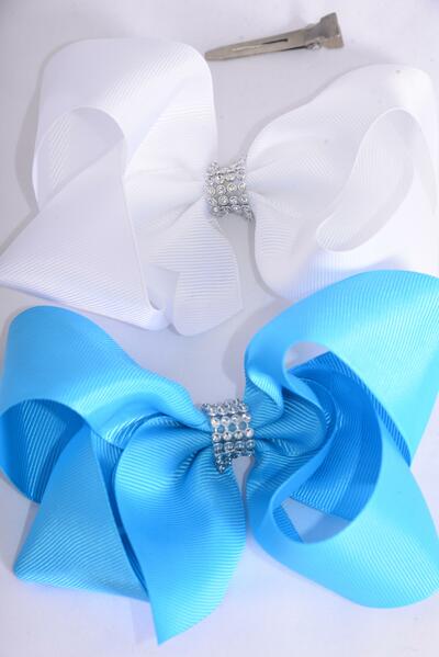 Hair Bow Jumbo Center Clear Stones Turquoise & White Mix Grosgrain Bow-tie / 12 pcs Bow = Dozen Alligator Clip , Bow - 6" x 5", 6 of each Color Asst , Clip Strip & UPC Code