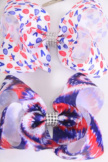 Hair Bow Jumbo Patriotic USA Tiedye Mix Grosgrain Bow-tie / 12 pcs Bow = Dozen Alligator Clip , Bow - 6" x 5" Wide , 6 Of Each Pattern Asst , Clip Strip & UPC Code