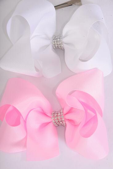Hair Bow Jumbo Center Clear Stones Baby Pink White Mix Grosgrain Bow-tie / 12 pcs Bow = Dozen   Alligator Clip , Bow - 6" x 5", 6 Bsaby Pink , 6 White Color Asst , Clip Strip & UPC Code
