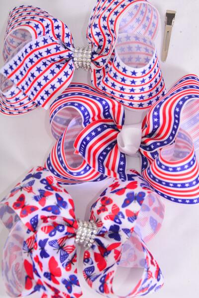 Hair Bow Jumbo Patriotic Flag Star Butterfly Mix Grosgrain Bow-tie / 12 pcs Bow = Dozen Alligator Clip , Bow - 6" x 5" Wide , 4 Of Each Pattern Asst , Clip Strip and UPC Code