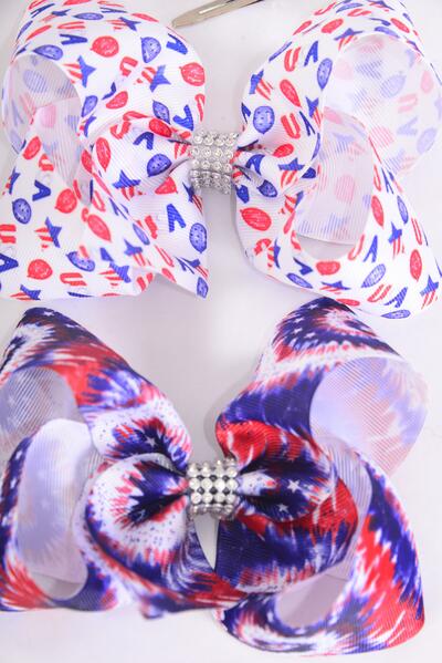 Hair Bow Jumbo Patriotic USA Tiedye Mix Grosgrain Bow-tie / 12 pcs Bow = Dozen Alligator Clip , Bow - 6" x 5" Wide , 6 Of Each Pattern Asst , Clip Strip & UPC Code