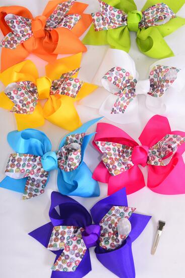 Hair Bow Jumbo Double Layered Donut Pattern Grosgrain Bow-tie / 12 pcs Bow = Dozen Alligator Clip , Size - 6" x 5" Wide , 2 Fuchsia , 2 Blue , 2 Yellow , 2 Purple , 2 White , 1 Lime , 1 Orange Color Mix , Clip Strip and UPC Code