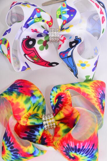 Hair Bow Jumbo Flower Power Peace Sign Beatle Tiedye Mix Grosgrain Bow-tie / 12 pcs Bow = Dozen  Alligator Clip, Size - 6" x 5" Wide , 6 Of each Pattern Asst , Clip Strip & UPC Code