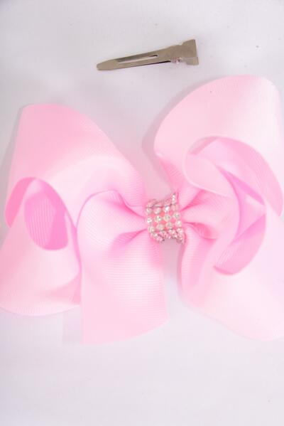 Hair Bow Jumbo Center Clear Stones Baby Pink Grosgrain Bow-tie / 12 pcs Bow = Dozen Baby Pink , Alligator Clip , Bow - 6" x 5", Clip Strip & UPC Code