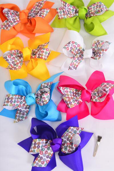 Hair Bow Jumbo Double Layered Donut Pattern Grosgrain Bow-tie / 12 pcs Bow = Dozen Alligator Clip , Size - 6" x 5" Wide , 2 Fuchsia , 2 Blue , 2 Yellow , 2 Purple , 2 White , 1 Lime , 1 Orange Color Mix , Clip Strip and UPC Code