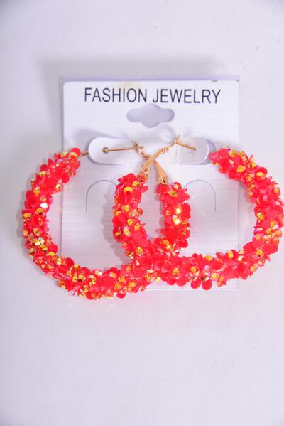 Earrings Loop Iridescent Red Stone / 12 pair = Dozen Post , Size - 2" Wide , Earring Card & OPP Bag & UPC Code