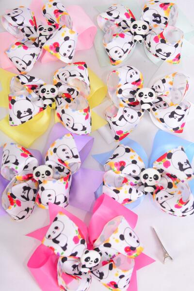 Hair Bow Jumbo Double Layered Center Panda Bear Charm Grosgrain Bow-tie Pastel / 12 pcs Bow = Dozen Alligator Clip , Size - 6" x 5" Wide , 2 White , 2 Pearl Pink , 2 Lavender , 2 Hot Pink , 2 Mint Green , 1 Blue , 1 Yellow Mix , Clip Strip & UPC Code
