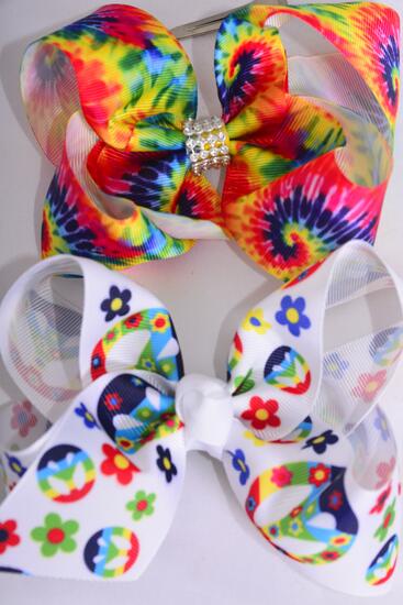 Hair Bow Jumbo Flower Power Peace Sign Tiedye Mix Grosgrain Bow-tie / 12 pcs Bow = Dozen  Alligator Clip , Size - 6" x 5" Wide , 6 Of each Pattern Asst , Clip Strip & UPC Code