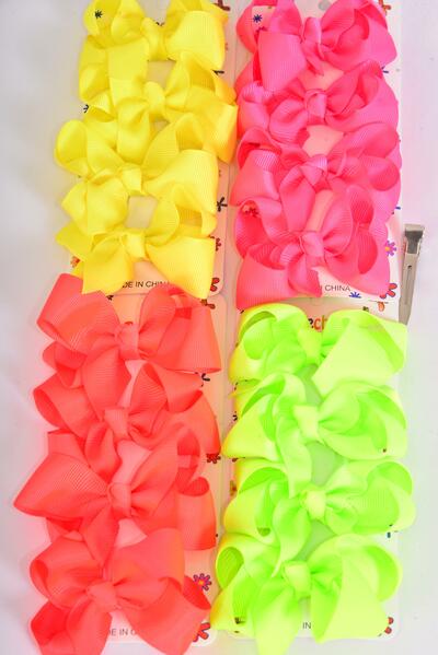 Hair Bows 48 pcs Neon Grosgrain Bow-tie / 12 card = Dozen   Alligator Clip , Size - 3" x 2" Wide , 3 Of each Color Asst , 4 pcs per Card , 12 Card = Dozen