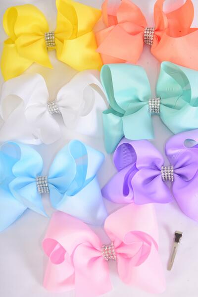 Hair Bow Jumbo Center Clear Stones Pastel Grosgrain Bow-tie / 12 pcs Bow = Dozen Alligator Clip ,Size-6"x 5" Wide ,2 White ,2 Baby Pink ,2 Blue ,2 Yellow ,2 Lavender , 1 Peach ,1 Mint Green Color Asst ,Clip Strip & UPC Code