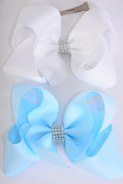 Hair Bow Jumbo Center Clear Stones Baby Blue White Mix Grosgrain Bow-tie / 12 pcs Bow = Dozen  Alligator Clip , Bow - 6" x 5" Wide , 6 Baby Blue , 6 White Color Asst , Clip Strip & UPC Code