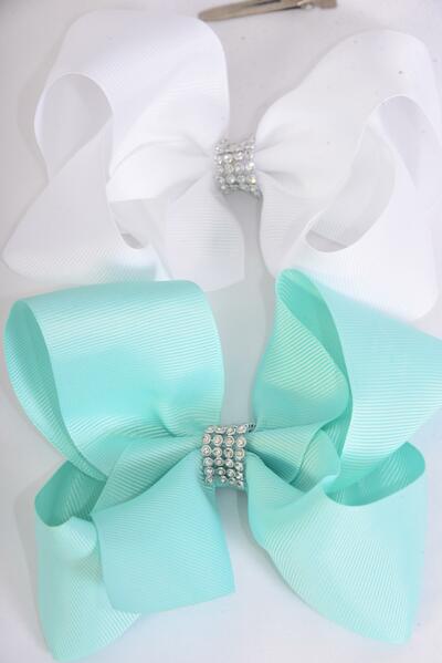 Hair Bow Jumbo Center Clear Stones Aqua White Mix Grosgrain Bow-tie / 12 pcs Bow = Dozen  Alligator Clip , Bow - 6" x 5" , 6 Aqua , 6 white Color Asst , Clip Strip & UPC Code