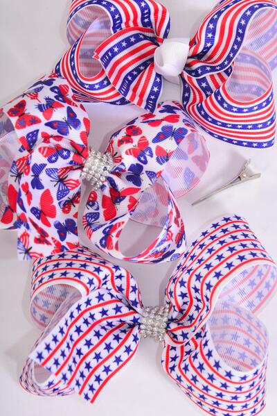 Hair Bow Jumbo 4th of July Patriotic Flag Star & Butterfly Mix Grosgrain Bow-tie / 12 pcs Bow = Dozen  Alligator Clip , Bow-6"x 5" Wide , 4 Of Each Pattern Asst , Clip Strip & UPC Code