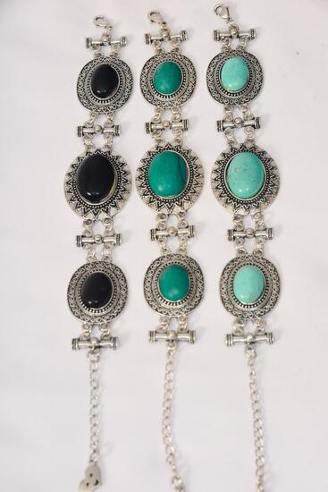 Bracelet Oval Aztec Western Look Real Semiprecious Stones / PC Adjustable Length , Hang Tag & OPP Bag & UPC Code , Choose Colors