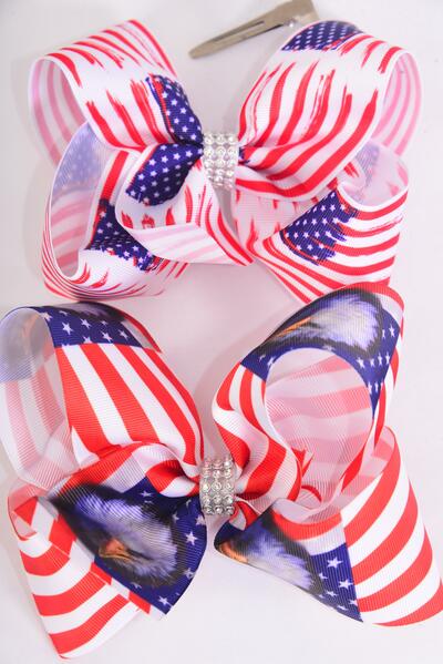 Hair Bow Jumbo 4th of July Patriotic Flag & Eagle Grosgrain Bow-tie / 12 pcs Bow = Dozen  Alligator Clip , Bow-6"x 5" Wide , 6 of each Pattern Asst , Clip Strip & UPC Code