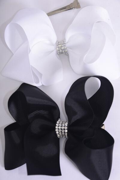 Hair Bow Jumbo Center Clear Stones Black White Mix Grosgrain Bow-tie / 12 pcs Bow = Dozen  Alligator Clip , Bow - 6"x 5" , 6 Black , 6 White Color Asst , Clip Strip & UPC Code