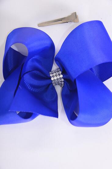 Hair Bow Jumbo Center Clear Stones Royal Blue Grosgrain Bow-tie / 12 pcs Bow = Dozen Royal Blue , Alligator Clip , Bow - 6" x 5", Clip Strip & UPC Code