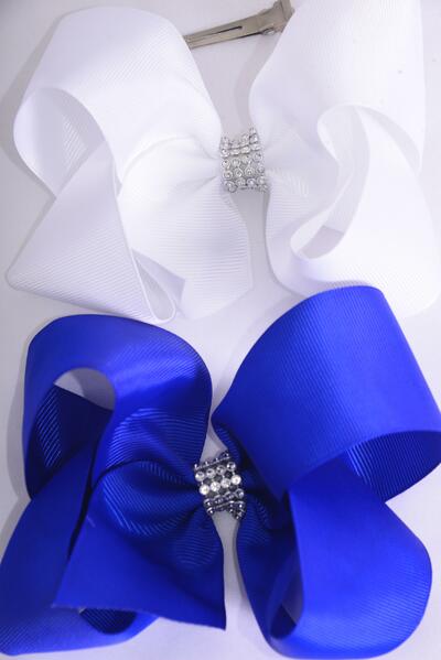 Hair Bow Jumbo Center Clear Stones Royal Blue White Mix Grosgrain Bow-tie / 12 pcs Bow = Dozen  Alligator Clip , Bow - 6" x 5" Wide , 6 Royal Blue , 6 White Color Asst , Clip Strip & UPC Code