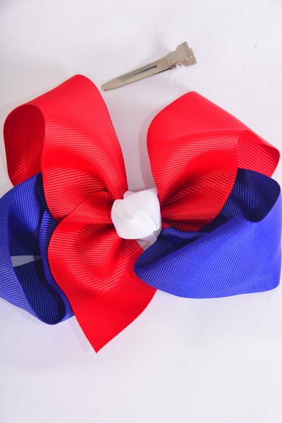 Hair Bow Jumbo Triton Patriotic Red White Royal Blue Mix Grosgrain Bow-tie / 12 pcs Bow = Dozen Alligator Clip , Size - 6" x 5" Wide , 4 of each Pattern Asst , Clip Strip & UPC Code