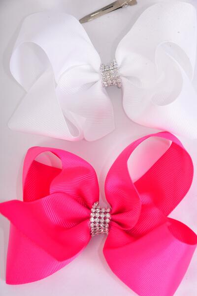 Hair Bow Jumbo Center Clear Stones Fuchsia White Color Mix Grosgrain Bow-tie / 12 pcs Bow = Dozen Alligator Clip , Bow - 6" x 5" , 6 Fuchsia , 6 White Color Asst , Clip Strip & UPC Code