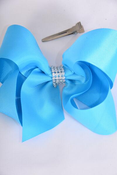 Hair Bow Jumbo Center Clear Stones Turquoise Grosgrain Bow-tie / 12 pcs Bow = Dozen Turquoise , Alligator Clip , Size - 6" x 5" Wide , Clip Strip & UPC Code