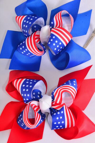 Hair Bow Jumbo Double Layered 4th of July Patriotic-Flag Grograin Bow-tie / 12 pcs = Dozen Alligator Clip , Bow-6"x 6" Wide , 6 Of Ech Pattern Asst , Clip Strip & UPC Code