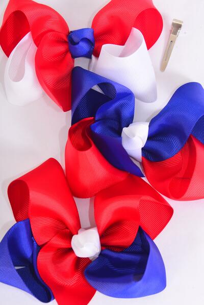 Hair Bow Jumbo Triton 4th of July Patriotic Red White Royal Blue Mix Grosgrain Bow-tie / 12 pcs Bow = Dozen Alligator Clip , Size-6"x 5" Wide , 4 of each Pattern Asst , Clip Strip & UPC Code
