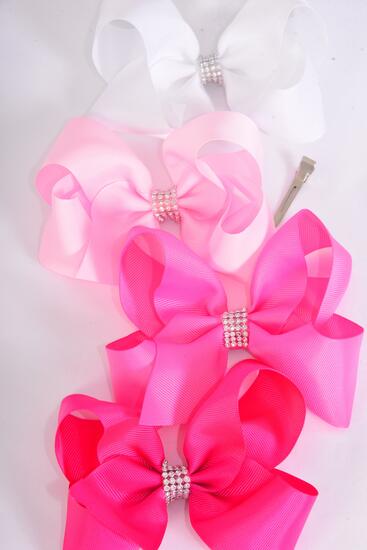 Hair Bow Jumbo Center Clear Stones Pink Mix Grosgrain Bow-tie / 12 pcs Bow = Dozen Pink Mix , Alligator Clip , Size - 6" x 5" Wide , 3 White , 3 Baby Pink , 3 Hot Pink , 3 Fuchsia Color Asst , Clip Strip & UPC Code