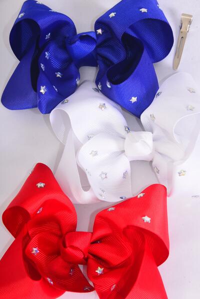 Hair Bow Jumbo Studded Iridescent Stars Grosgrain Bow-tie / 12 pcs Bow = Dozen Alligator Clip , Size - 6" x 5" Wide , 4 of each Pattern Asst , Clip Strip & UPC Code