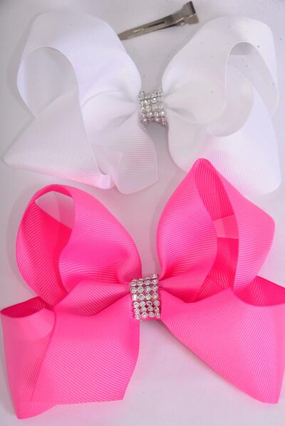 Hair Bow Jumbo Center Clear Stones Hot Pink White Mix Grosgrain Bow-tie / 12 pcs Bow = Dozen Alligator Clip , Bow - 6" x 5", 6 Hot Pink , 6 White Color Asst , Clip Strip & UPC Code