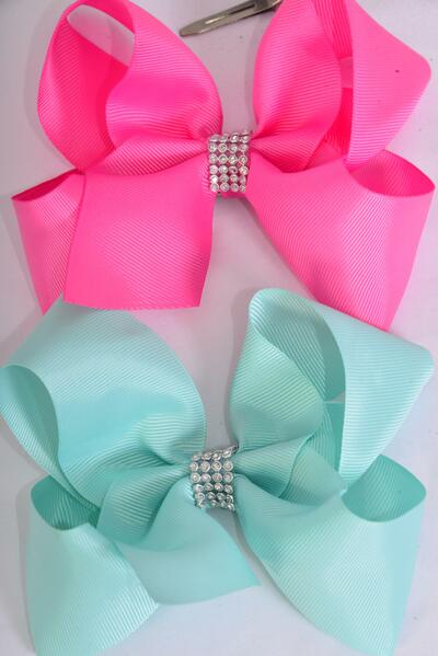 Hair Bow Jumbo Center Clear Stones Aqua Hot Pink Mix Grosgrain Bow-tie / 12 pcs Bow = Dozen  Alligator Clip , Bow - 6" x 5" Wide , 6 Aqua , 6 Hot Pink Asst , Clip Strip & UPC Code