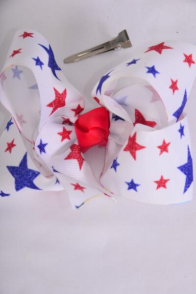 Hair Bow Jumbo Patriotic Stars Grosgrain Bow-tie / 12 pcs = Dozen Alligator Clip , Size - 6" x 5" Wide , 4 of each Pattern Asst , Clip Strip & UPC Code