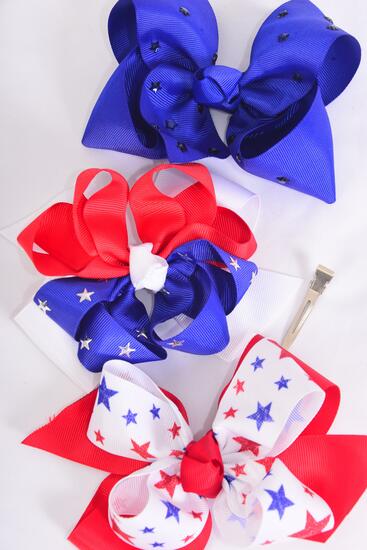 Hair Bow Jumbo Patriotic Stars Studded Mix Grosgrain Bow-tie / 12 pcs Bow = Dozen  Alligator Clip , Bow - 6" x 5" Wide , 4 Of Each Pattern Asst , Clip Strip & UPC Code