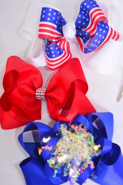 Hair Bow Jumbo Patriotic Stars Stripes Mix Grosgrain Bow-tie / 12 pcs Bow = Dozen Alligator Clip , Bow - 6" x 5" Wide , 4 Of Each Pattern Asst , Clip Strip & UPC Code