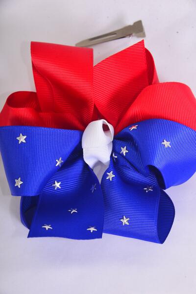 Hair Bow Jumbo 4th of July Patriotic Silver Star Studded Grosgrain Bow-tie / 12 pcs Bow = Dozen  Alligator Clip , Bow-6"x 6" Wide , Clip Strip & UPC Code