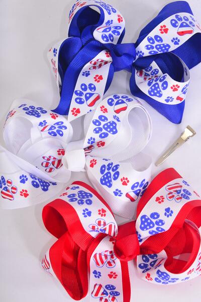 Hair Bow Jumbo Double Leyered Patriotic Paw Print Grosgrain Bow-tie / 12 pcs Bow = Dozen Alligator Clip , Bow - 6" x 5" Wide , 4 White , 4 Red , 4 Blue Color Mix , Clip Strip & UPC Code