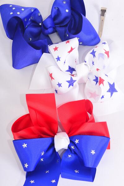 Hair Bow Jumbo 4th of July Patriotic Stars & Stripes Mix Grosgrain Bow-tie / 12 pcs Bow = Dozen  Alligator Clip , Bow-6"x 6" Wide , 4 Of Each Pattern Asst , Clip Strip & UPC Code