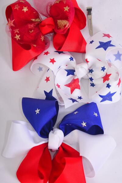 Hair Bow Jumbo 4th of July Patriotic Stars Grosgrain Bow-tie / 12 pcs Bow = Dozen    Alligator Clip , Bow-6"x 6" Wide , 4 Of Each Pattern Asst , Clip Strip & UPC Code