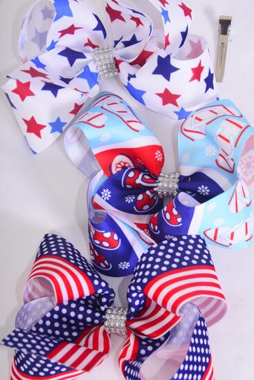Hair Bow Jumbo Patriotic Flag Stars Flip Flop Mix Grosgrain Bow-tie / 12 pcs Bow = Dozen Alligator Clip , Bow - 6" x 5" Wide , 4 Of Each Pattern Asst , Clip Strip & UPC Code