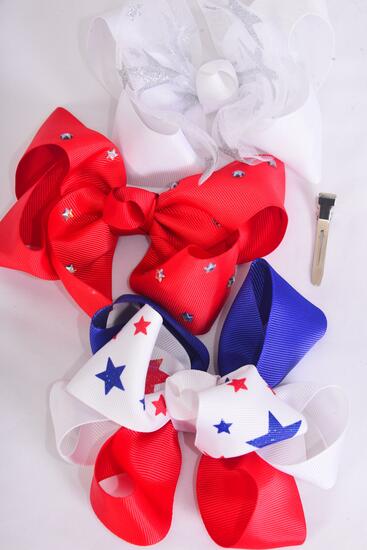 Hair Bow Jumbo Patriotic Stars Grosgrain Bow-tie / 12 pcs Bow = Dozen  Alligator Clip , Bow - 6" x 5" Wide , 4 Of Each Pattern Asst , Clip Strip & UPC Code