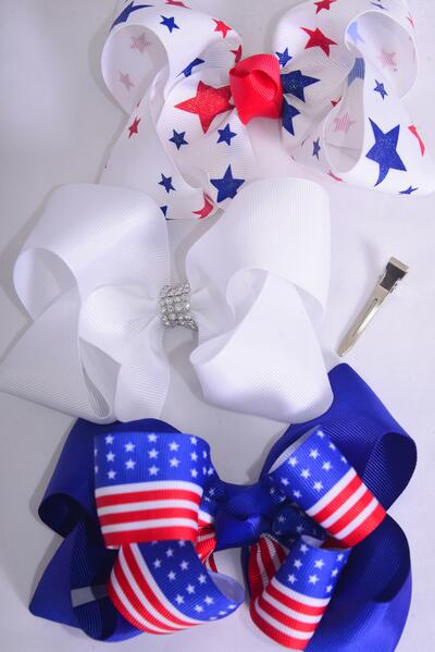 Hair Bow Jumbo Patriotic Stars Stripes Mix Grosgrain Bow-tie / 12 pcs Bow = Dozen Alligator Clip , Bow - 6" x 5" Wide , 4 Of Each Pattern Asst , Clip Strip & UPC Code