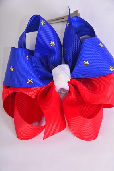 Hair Bow Jumbo Patriotic Gold Star Studded Grosgrain Bow-tie / 12 pcs Bow = Dozen Alligator Clip , Bow - 6" x 6" Wide , Clip Strip & UPC Code