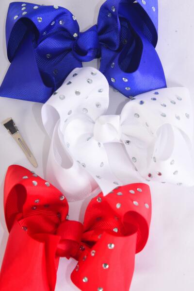 Hair Bow Jumbo Studded Clear Stone Grosgrain Bow-tie / 12 pcs Bow = Dozen    Alligator Clip , Size-6"x 5" Wide , 4 of each Pattern Asst , Clip Strip & UPC Code