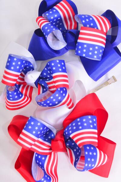 Hair Bow Jumbo Double Layered Patriotic Flag Grosgrain Bow-tie / 12 pcs Bow = Dozen Alligator Clip , Bow - 6" x 5" Wide , 4 of Each Pattern Asst , Clip Strip & UPC Code