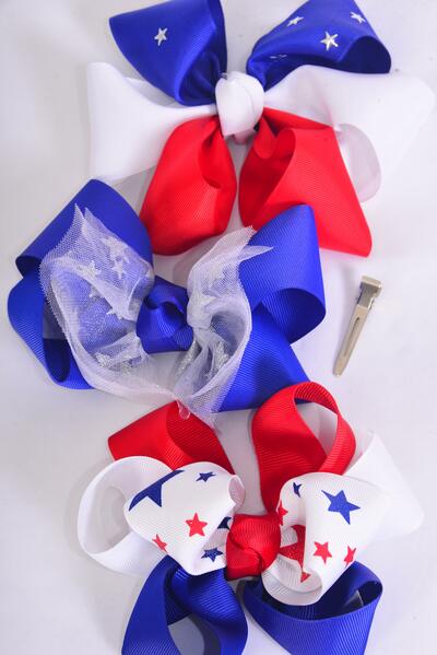 Hair Bow Jumbo Patriotic Stars Grosgrain Bow-tie / 12 pcs Bow = Dozen  Alligator Clip , Bow - 6" x 5" Wide , 4 Of Each Pattern Asst , Clip Strip & UPC Code