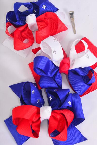 Hair Bow Jumbo Double Layered Silver Star Studded Grosgrain Bow-tie / 12 pcs Bow = Dozen Alligator Clip , Bow - 6" x 5" Wide , 4 Of Each Pattern Asst , Clip Strip & UPC Code