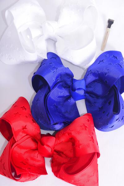 Hair Bow Jumbo Double Layered Grosgrain Bow-tie / 12 pcs Bow = Dozen Alligator Clip , Bow-6"x 5" Wide , 4 White , 4 Red , 4 Blue Color Mix , Clip Strip & UPC Code