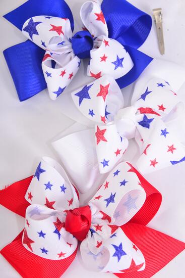 Hair Bow Jumbo Double Layered Patriotic Stars Grosgrain Bow-tie / 12 pcs Bow = Dozen Alligator Clip , Size - 6" x 5" Wide , 4 of each Pattern Asst , Clip Strip & UPC Code